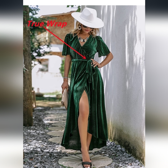 Green Velvet Wrap Dress - Picture 2 of 4